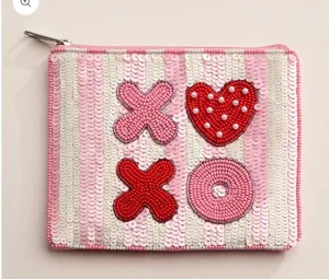 Beaded XOXO Heart Sequin Pouch Pink thumbnail 1