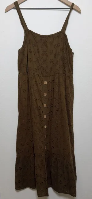 VTG Women Eyelet Maxi Dress XL Green Cotton Button Front Goblin Cottagecore Boho thumbnail 1