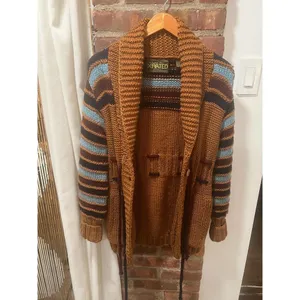 Vintage X-RATED Handknit Statement Cardigan Striped Sleeves Belted M thumbnail 10
