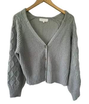 Ally Mae Gray Cable Knit Rib Stitch Button Down Balloon Long Sleeve Cardigan L thumbnail 1