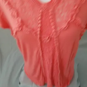 Cato Womens Coral Lace Accent V-Neck Short Sleeve Top Size L thumbnail 4