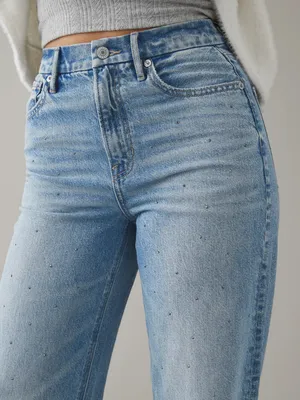 American Eagle Strigid Curvy Embellished Bling Super High Waist Baggy Straight Jeans sz 10L thumbnail 2