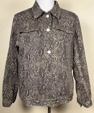 CHAPS Women 1X Snake Print Denim Jacket Brown Tan Reptile Stretch Jean Coat Plus thumbnail 1