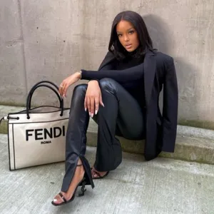 Zara Pants Size Large Black Faux Leather Split‎ Back Hem Pull On Mob Wife Glam thumbnail 2