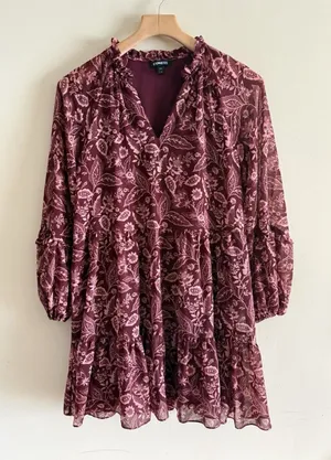 Express burgundy‎ chiffon mini dress Sheer Sleeve Tiered Cottage Small thumbnail 1