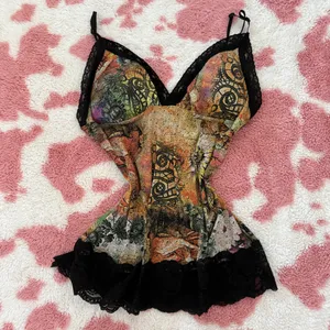 Y2K Fairy Grunge Tattoo Print Lace Cami ✮ Slit Hem Boho Corset Top Small thumbnail 4