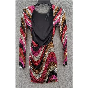 B DARLIN Sequined Low-Back Mini Dress Juniors XS Multi Crew‎ Neck Long Sleeve thumbnail 9