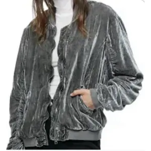 Free People Ruched Bomber Jacket Small Gray Plush Velvet Draped Zip‎ #L6-6 thumbnail 1