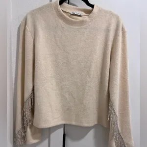 Zara Cream knitted sweater top with silver beading detail thumbnail 1