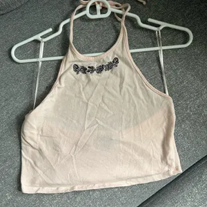PacSun Boho Embroidered Flower Baby Pink Halter Crop Top thumbnail 1