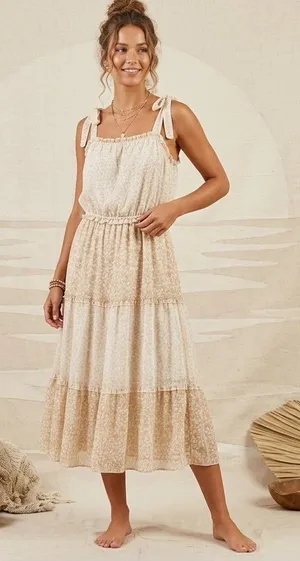 NEW Sincerely Jules floral tiered midi dress Tan cream cottagecore peasant LARGE thumbnail 1