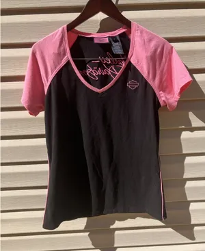 Harley Davidson Women's‎ Black Pink Stitching V Neck Short Sleeve Shirt Large thumbnail 1