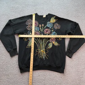 Vintage 80s Hand Painted Floral Puffy Paint Sweatshirt XL Black Made in USA thumbnail 2