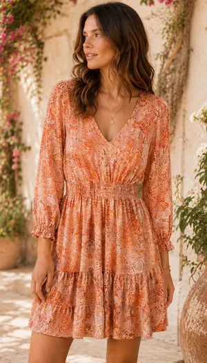 Just Taylor Orange Paisley Floral Smocked Waist Tiered Mini Dress Womens Size‎ 6 thumbnail 1