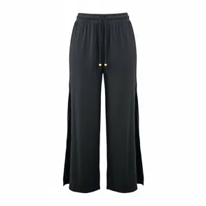Black Wide Split Flowy Straight Beach Vacation Lounge 90s Pullon Boho Pants XS‎ thumbnail 6