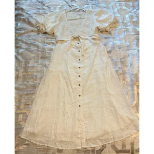 Source Unknown White Puff Sleeve Dress Halter Top Smocked Back Women's Large Tie Front Buttons thumbnail 3