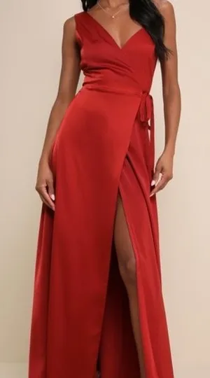 Lulus Poised Sophistication Rust Red Satin Wrap Maxi Dress - NWT - Size M - 63" Length thumbnail 1
