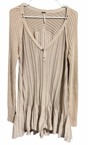 Free People Ribs & Ruffles Tunic Sweater Ivory Women's Size‎ Medium thumbnail 1