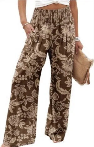 Womens Bohemian Tropical Print Elastic Waist Wide Leg Flowy Vacation Resort Pant thumbnail 1