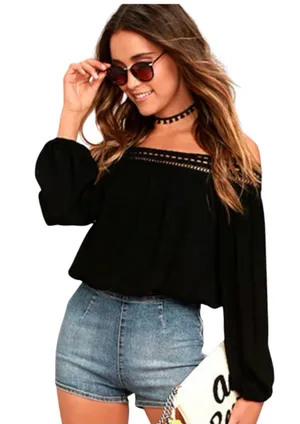 Lulu's Black Off-Shoulder Crochet-Trim Blouse size XS thumbnail 1