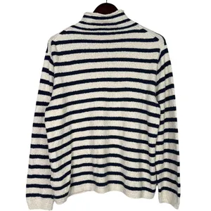J. Crew Striped Knit Boucle Mock Neck Long Sleeve Sweater L Cream Navy Blue thumbnail 12