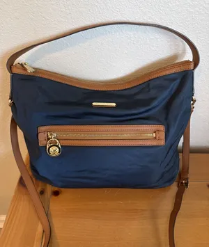 Michael Kors Kempton Tote Navy Nylon & Brown Trim Gold Tone Hardware Accents thumbnail 1