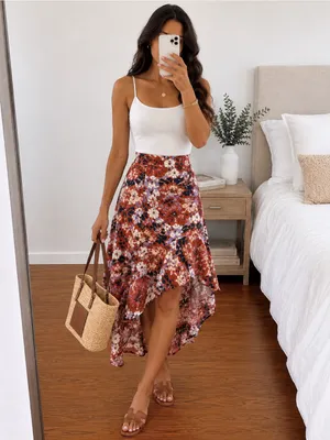 NWT Nine West Floral Asymmetrical Midi Skirt Women’s Large Rayon Ruffle Hem thumbnail 9