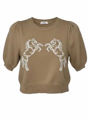 ABLE Marlee Horse Embroidered Puff Sleeve Sweater Beige Approx S NWOT thumbnail 3