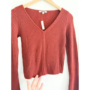 Madewell | NWT Merino Wool Ribbed V Neck Sweater Top Deep Rust | Sz S thumbnail 3