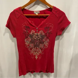 Red y2k soft baby rib bling button neck cap sleeve top Live and let live thumbnail 10