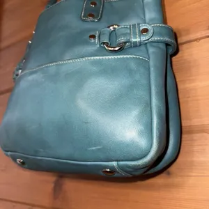 Vintage Y2K Perlina Teal Leather Small Satchel Top Handle Purse Bag thumbnail 2