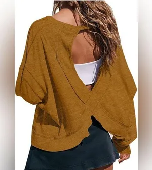 Rust Orange Long Sleeve Top with Cut Out Crop Casual Workout thumbnail 1