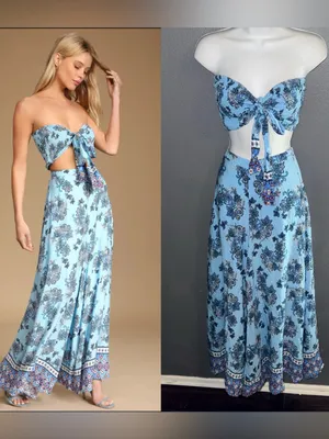 Lulus Women’s Strapless Matching Set Tube Top Bell Pants Blue Jumpsuit Medium thumbnail 2