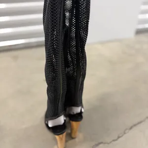 Bamboo Black Mesh Over The Knee Boots Open Toe Gold Block Heel Womens 7 thumbnail 5