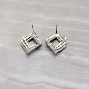 Vintage Stud Earrings Geometric Clear Gem Silver Tone - Fair Condition thumbnail 4