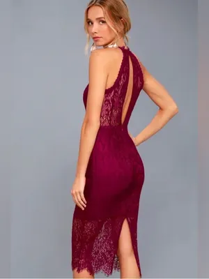 Lulu's Magenta Lace Halter Midi Dress thumbnail 2