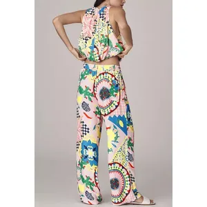 Anthropologie SET Pink Cactus Print Balloon Crop Top Wide‎ Leg Pants Set XS NWT thumbnail 3