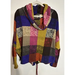Ariella Sweater Multicolor Check~Lace Up Back~Cowl Neck Artsy Colorful Medium thumbnail 2