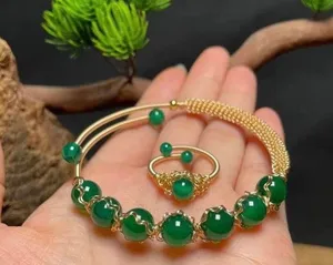 18K Gold Plated Green Agate Jewelry Set,Agate Beaded Charm Bracelet,Crystal Agate Ring(2pcs/set) thumbnail 1