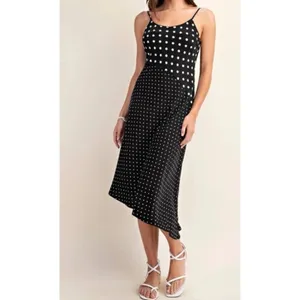 A‎ NEW DAY Womens Polka Dot Midi Slip Dress Black White Asymmetrical Slit thumbnail 2