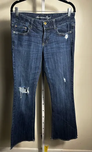 J74. American Eagle Outfitters Dark Blue Distressed Flare Jeans size 8 thumbnail 1