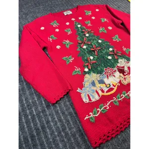 Vintage 90s Christmas Sweater TIARA Women L Red Tree Embroidered‎ Embellished thumbnail 10