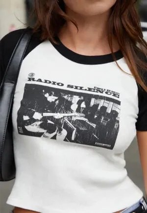 Brandy Melville Radio Silence Ringer Baby Tee Shirt Women’s Small thumbnail 1