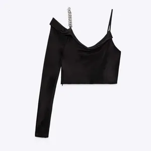 NWT Zara Woman Satin Effect Asymmetric Chain Top Black Top Size M Blogger Fave thumbnail 4