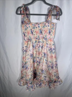 Storia Womens Smocked Floral Mini Dress Medium Blue Pink thumbnail 4