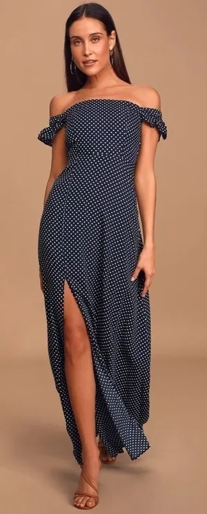 Lulus Dream Love Polka‎ Dot Off-the-Shoulder Maxi Dress In Navy Blue Size Small thumbnail 1