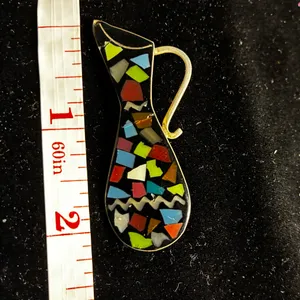 Modernist Sterling Silver Mosaic Inlay Jug Pitcher Pin Brooch Pendant thumbnail 3