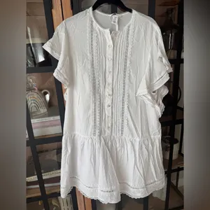 H&M mini dress lace embroidered pintuck ruffle short flutter sleeve ladder thumbnail 2