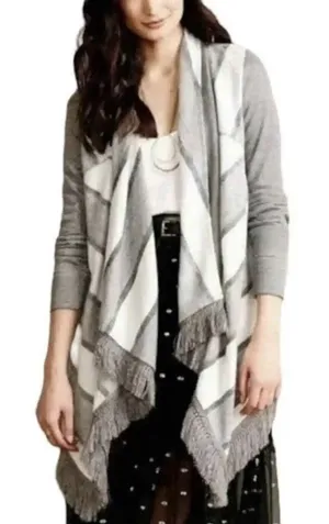 Saturday/Sunday Anthropologie‎ Cardigan Sweater XS Gray White Elise Open Fringe thumbnail 1