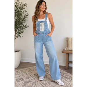 POL Light Wash Denim Overalls Size M Crochet Lace Wide Leg Boho thumbnail 2